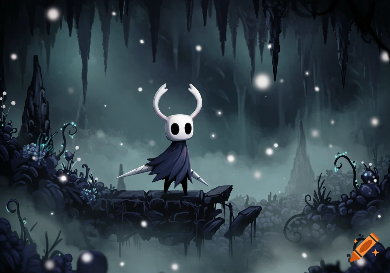 The Hollow Knight character standing on a rocky platform in a dark, ethereal cave with glowing plants and stalactites.