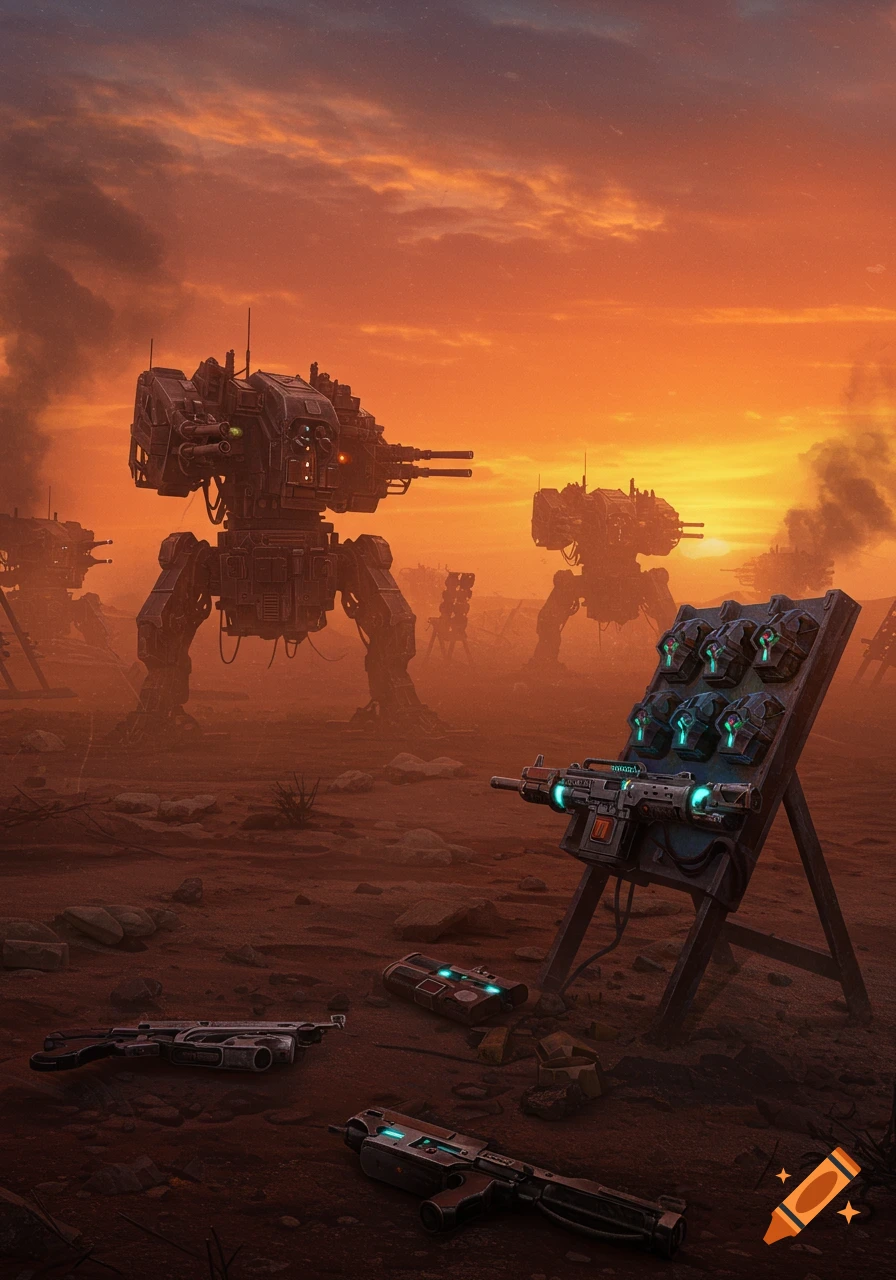 Giant mechs and futuristic weapons on a desolate, dusty landscape under a fiery orange sunset, depicting an apocalyptic scene.