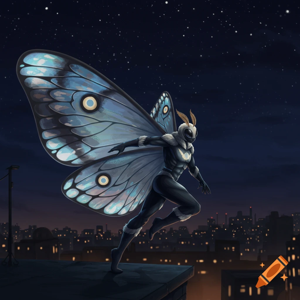 A moth superhero with large blue wings stands on a city rooftop at night under a starry sky.