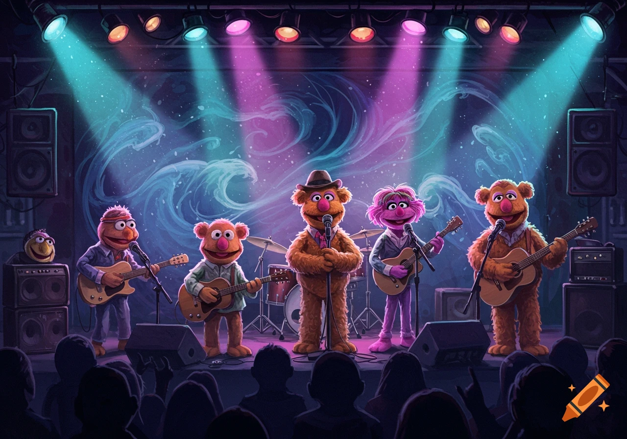 Five Muppet-like characters play musical instruments on a stage, lit by vibrant blue and purple spotlights, with a silhouetted audience.