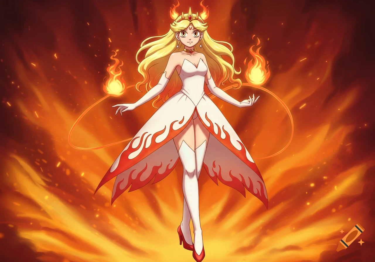 Anime girl with blonde hair and a fiery tiara in a white flame-accented princess dress, surrounded by fire.