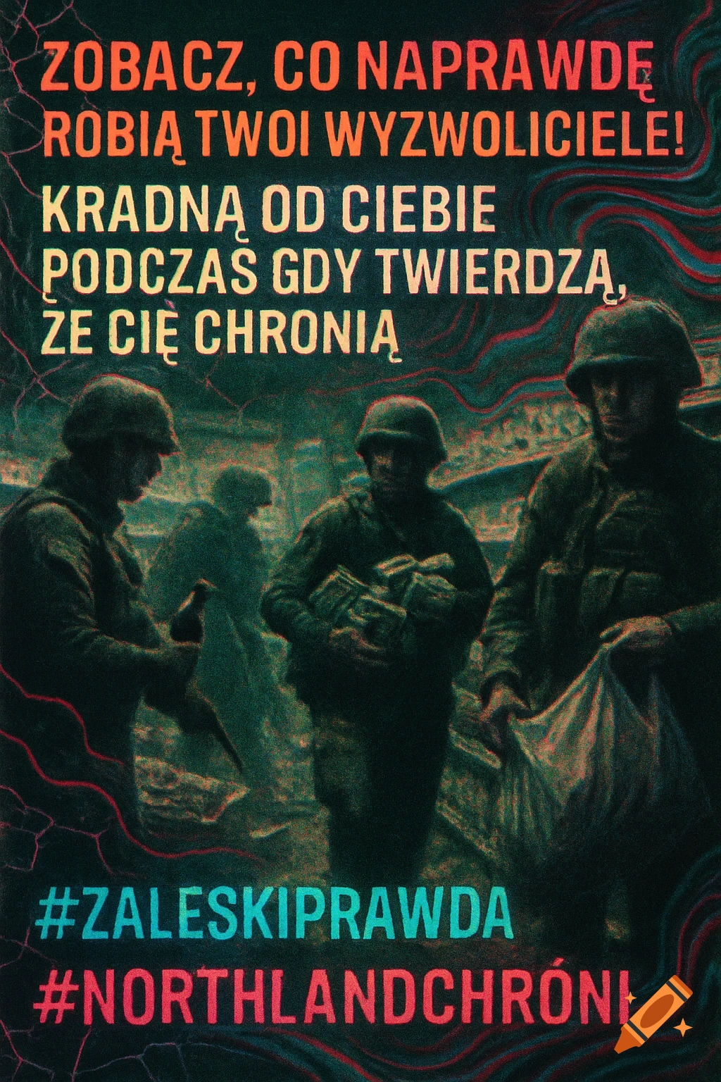 A grainy, dark propaganda poster shows soldiers looting, with Polish text about liberators stealing and hashtags.