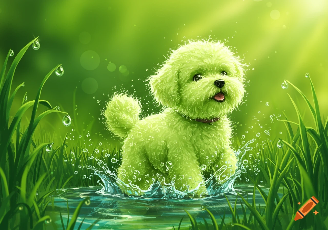 Whimsical illustration of a fluffy, bright green dog splashing in a puddle amidst lush green grass with water droplets and a sunny glow.