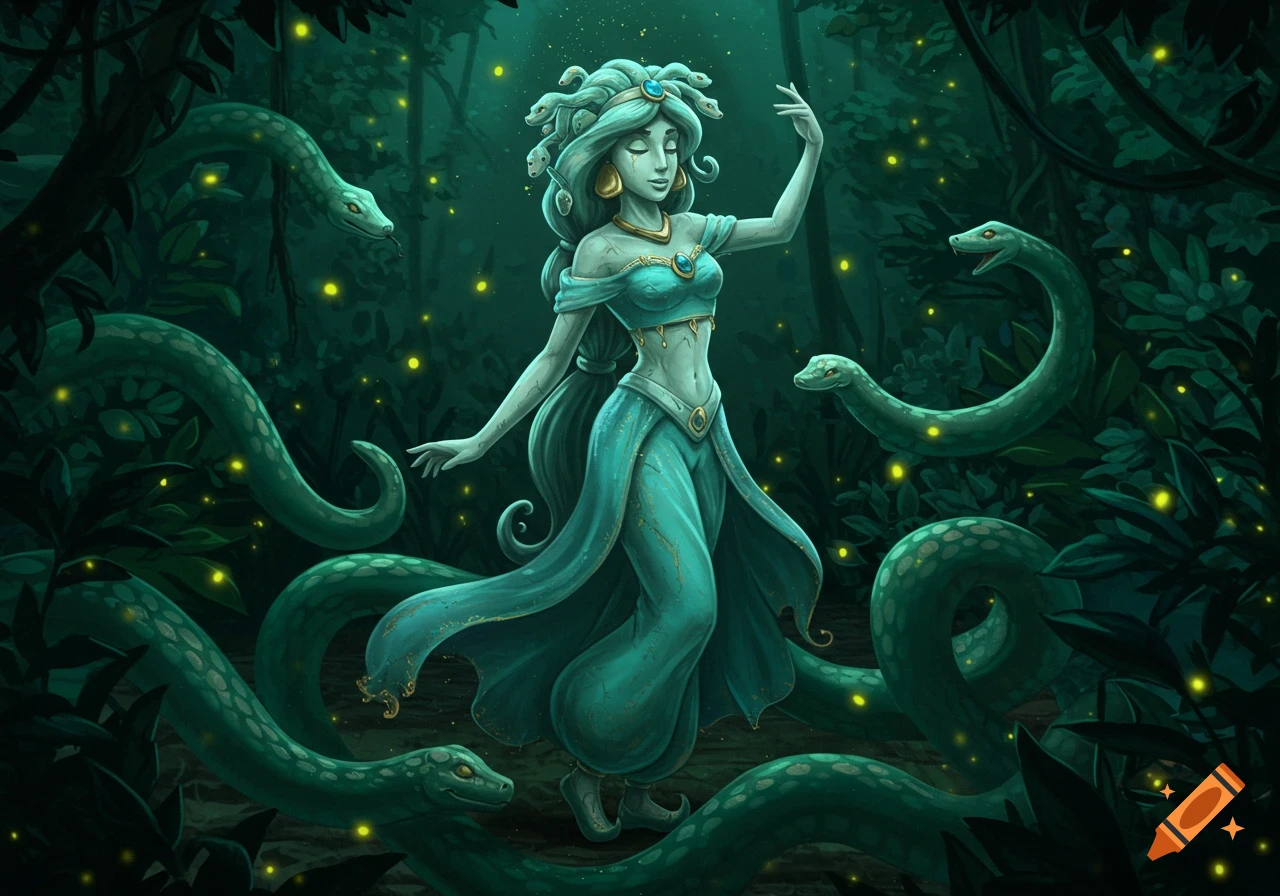 A stylized illustration of a Medusa-like Princess Jasmine statue in a dark, glowing jungle with snakes.