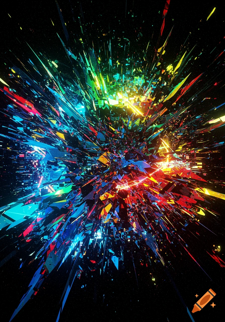 Vibrant abstract explosion of colorful, sharp geometric shapes against a black background.