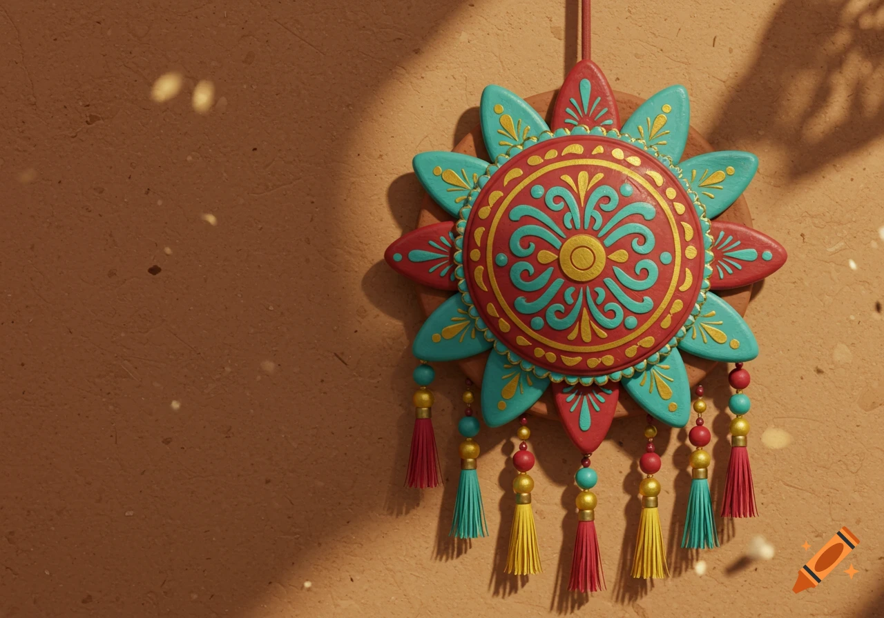 A vibrant, intricate Mexican-style ornament with red, turquoise, and gold patterns, featuring colorful tassels, hangs on a textured brown wall with dappled sunlight.