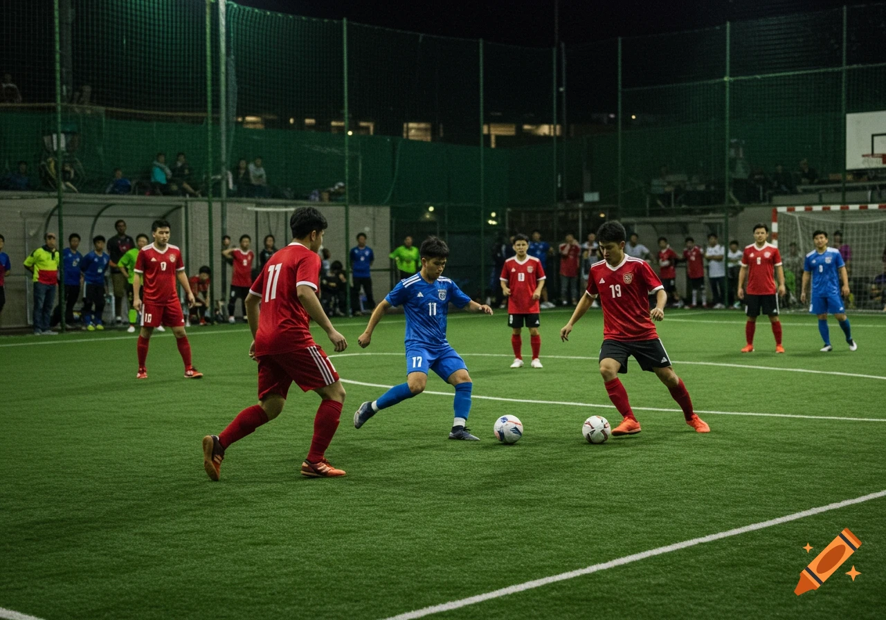 Players in red and blue jerseys play futsal on an indoor pitch at night.