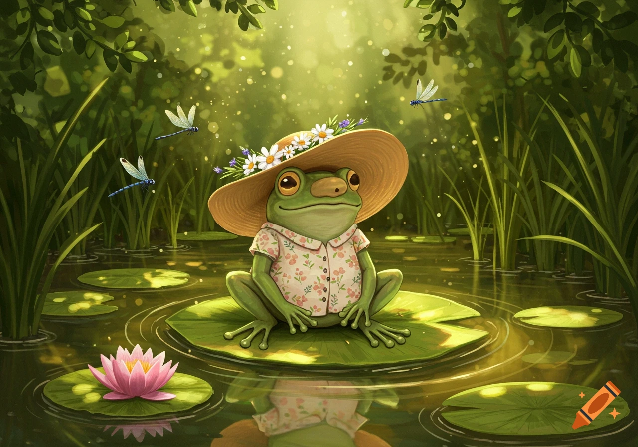 A cute cartoon frog in a straw hat and floral shirt sits on a lily pad in a sun-dappled pond with dragonflies.