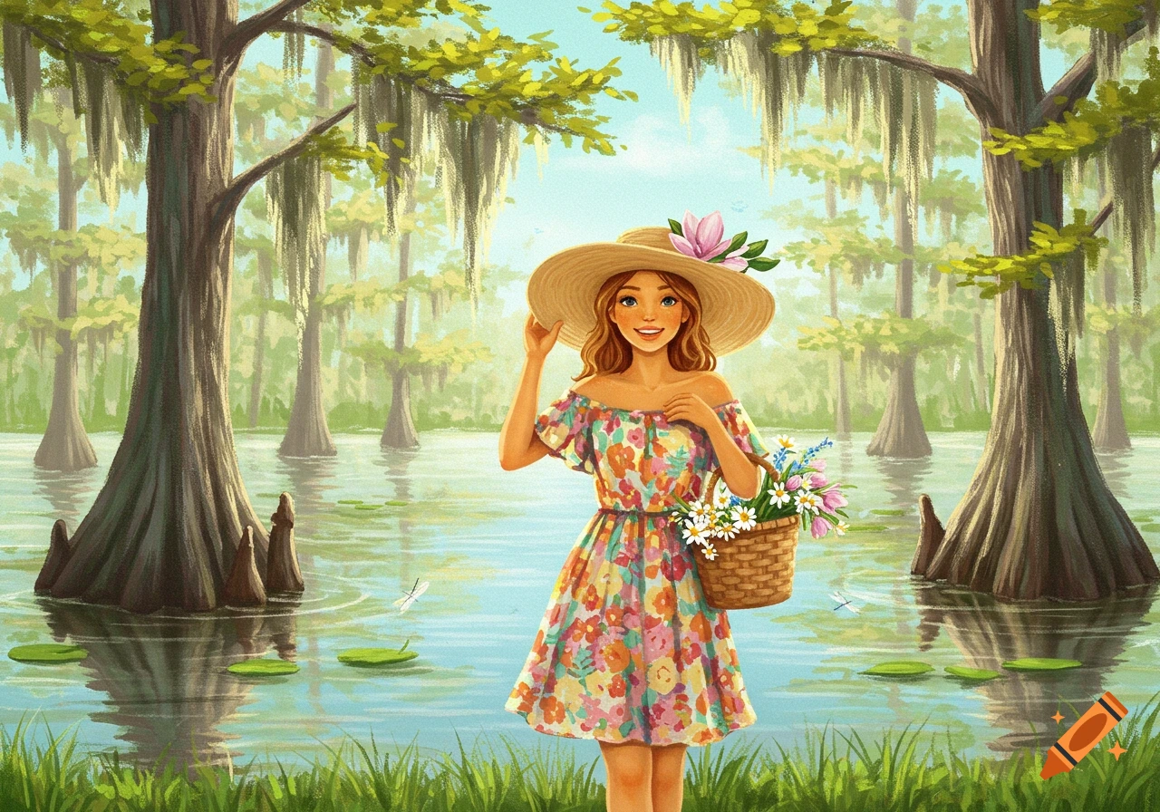 An illustration of a smiling girl in a floral dress and sun hat, holding a basket of flowers in a Louisiana swamp.