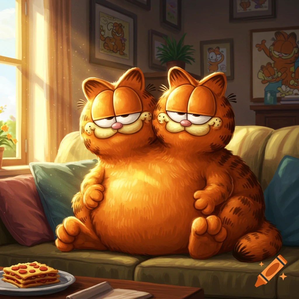 A two-headed Garfield cat sits on a green couch in a sunlit living room, with lasagna on a table in the foreground.