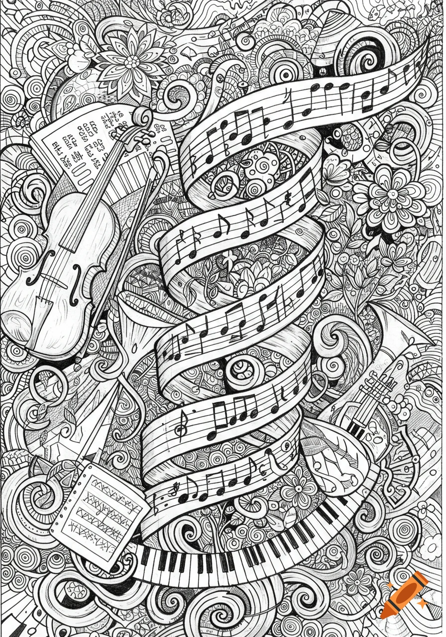 A black and white line drawing coloring page featuring musical instruments like a violin and piano keys, intertwined with swirling musical staves and notes amidst a dense floral and abstract pattern.