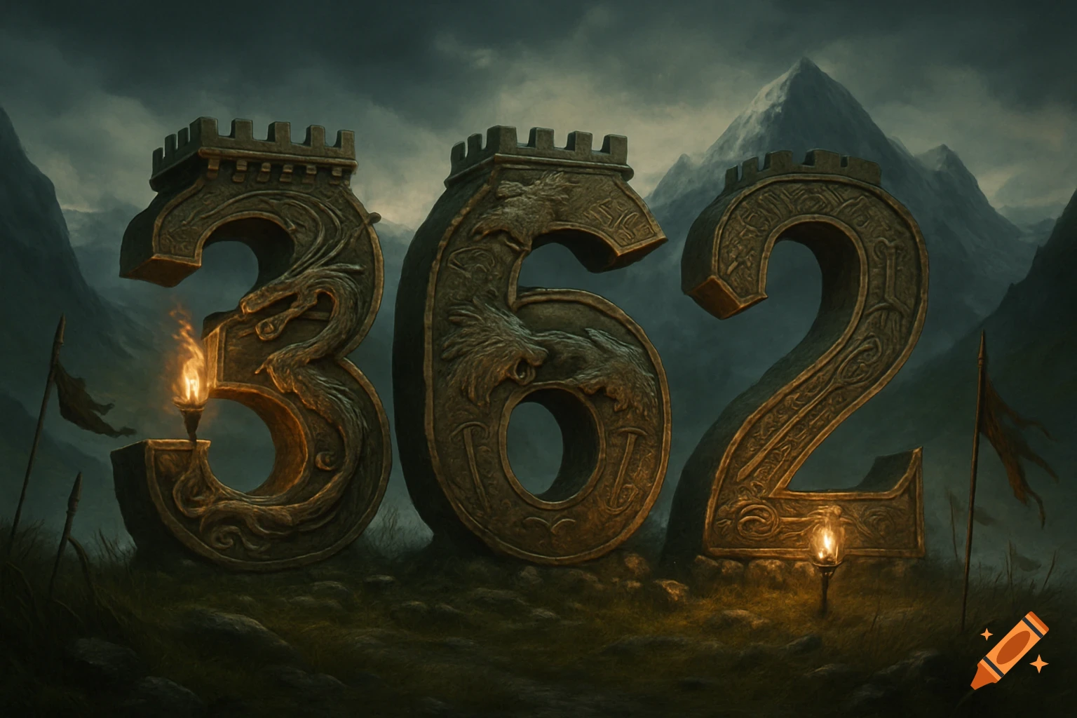 Ornate, castle-like stone numbers '362' on a dark, grassy hill with mountains and a stormy sky, illuminated by torches. Fantasy style.