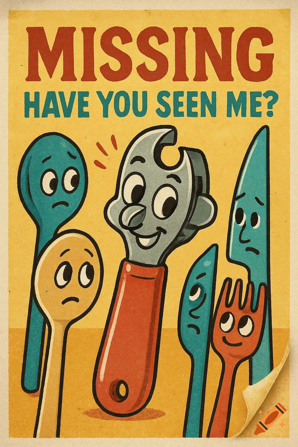 Retro cartoon missing poster of a smiling bottle opener surrounded by sad kitchen utensils: spoons, a knife, and a fork.