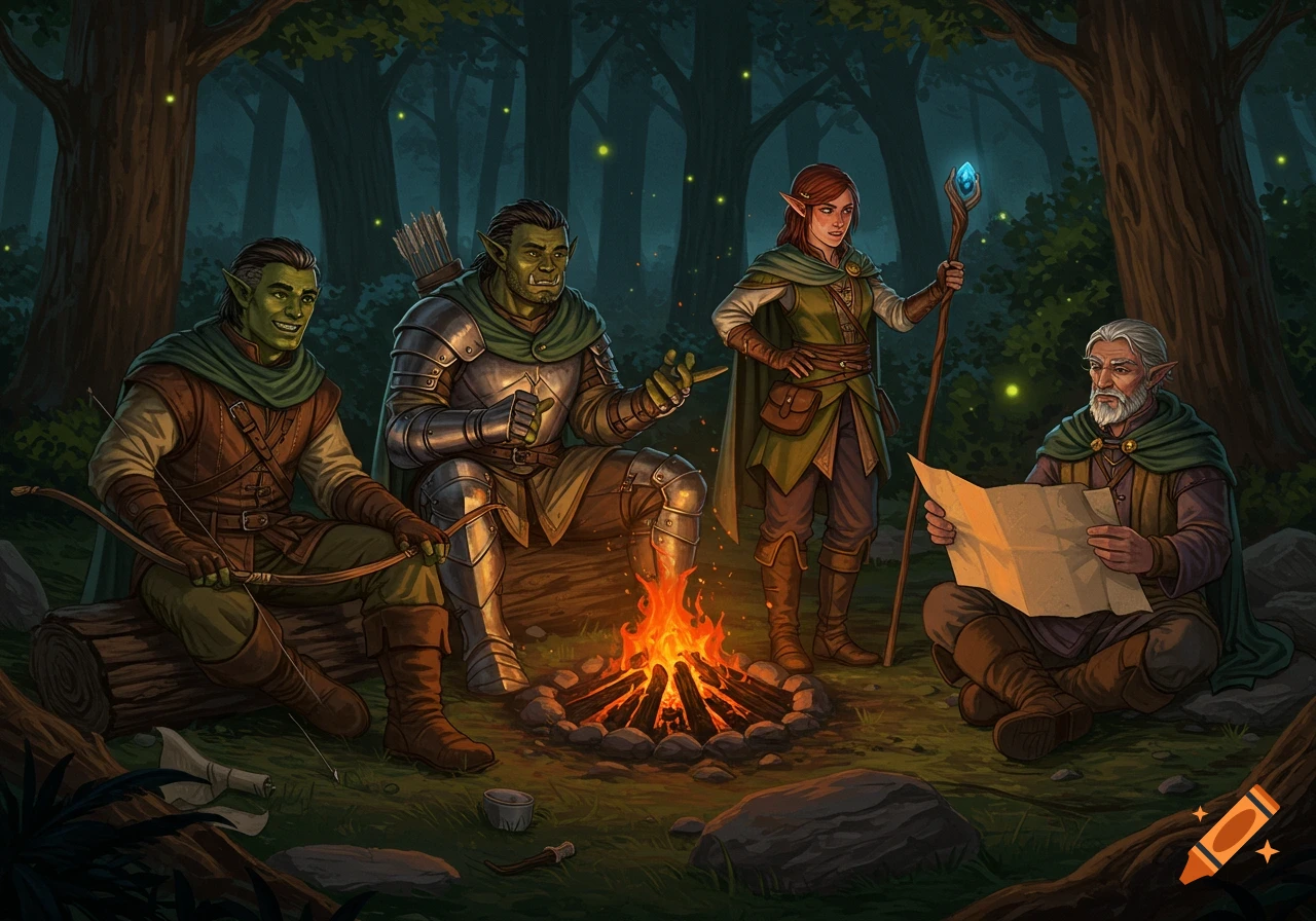 Illustrated fantasy adventuring group of orcs, elves, and a human resting around a campfire in a dark forest.