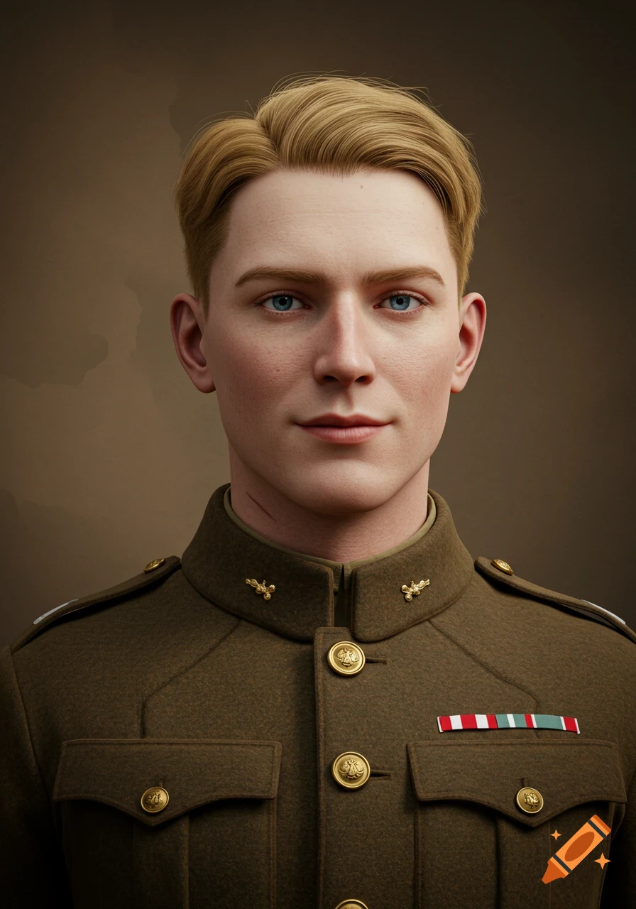Photorealistic portrait of a young blonde man with blue eyes, wearing a WWI-era military uniform against a plain brown background.