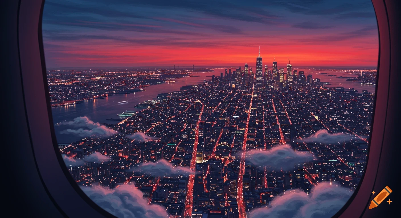 Digital art of New York City skyline at sunset, seen from an airplane window, with city lights illuminating the buildings and streets.