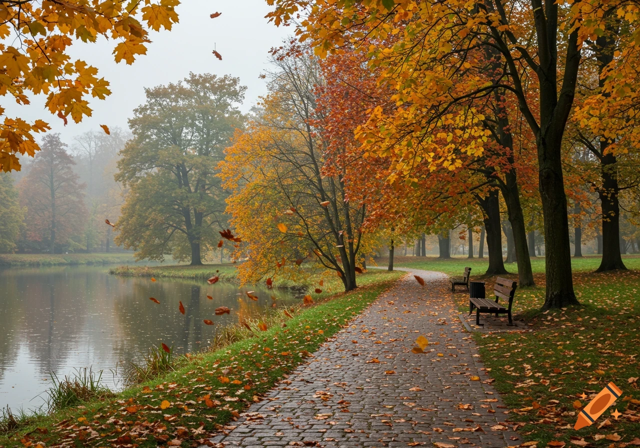 A scenic autumn park with a winding cobblestone path, colorful trees, a calm pond, and falling leaves.