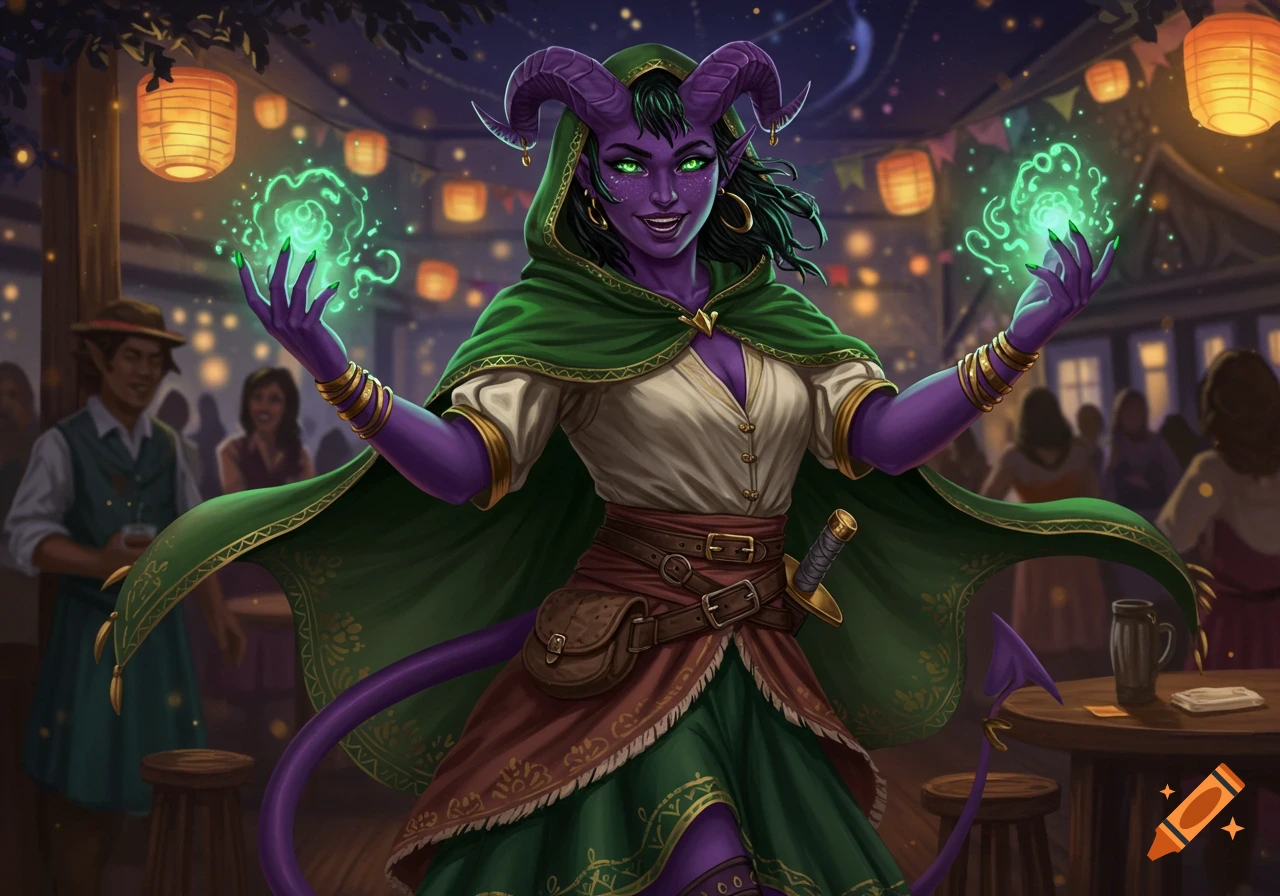 A mischievous female tiefling sorcerer with purple skin and green nails holds glowing green magic, smiling in a lively tavern.