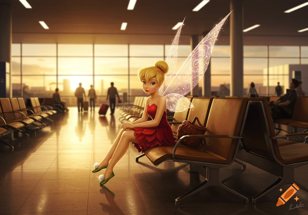 Tinkerbell in a red dress with sparkling wings sits on an airport lounge bench at sunset, with blurred people in the background.