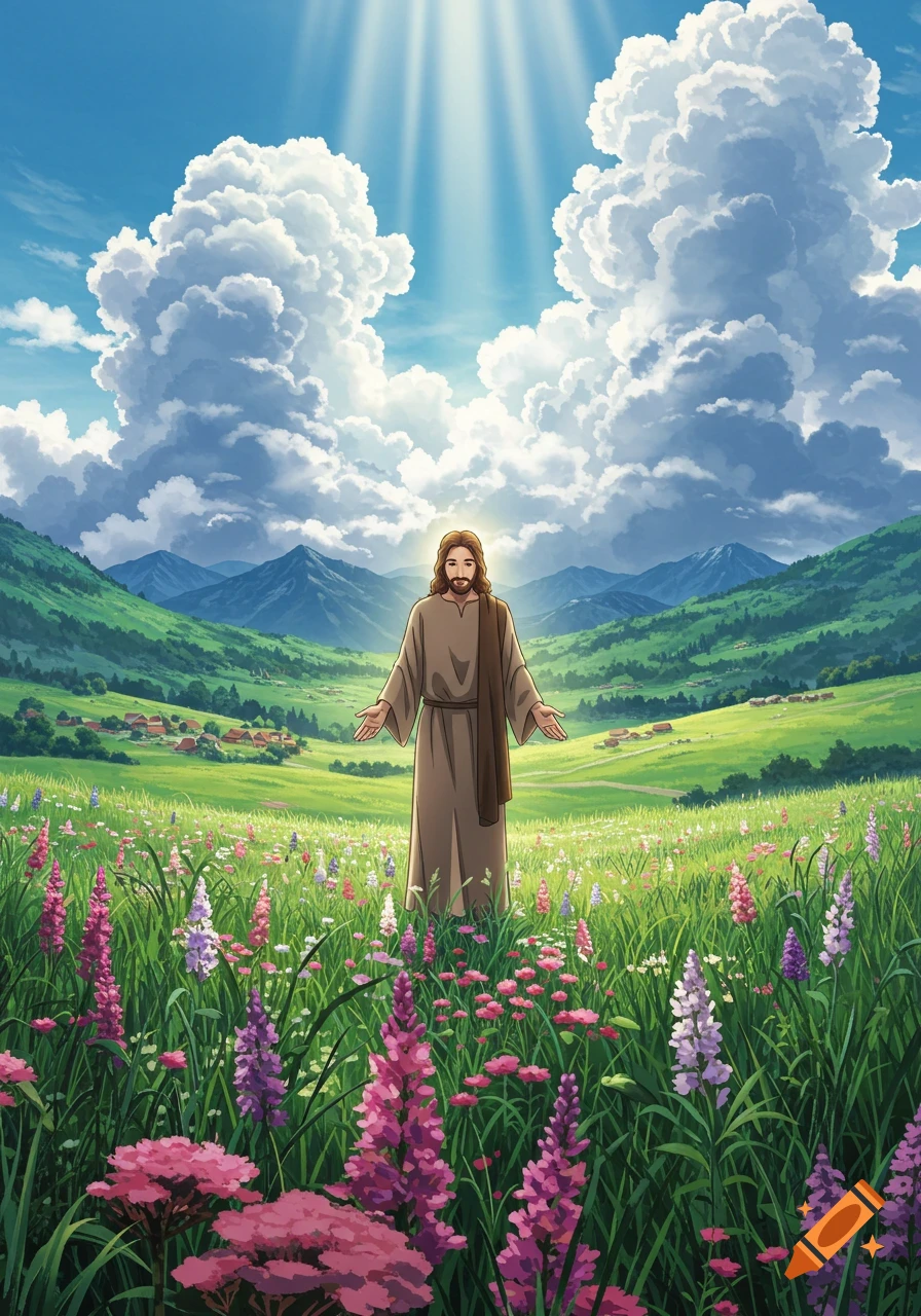 Cinematic anime painting of Jesus in a brown robe, standing in a vibrant wildflower meadow with mountains, under sunlit clouds.