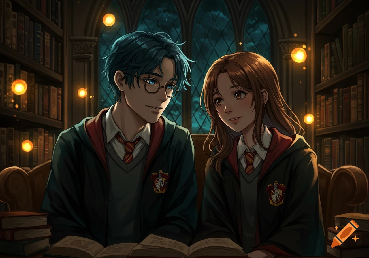 Anime drawing of two Hogwarts students, a Ravenclaw boy and Gryffindor girl, looking affectionately at each other in a library.