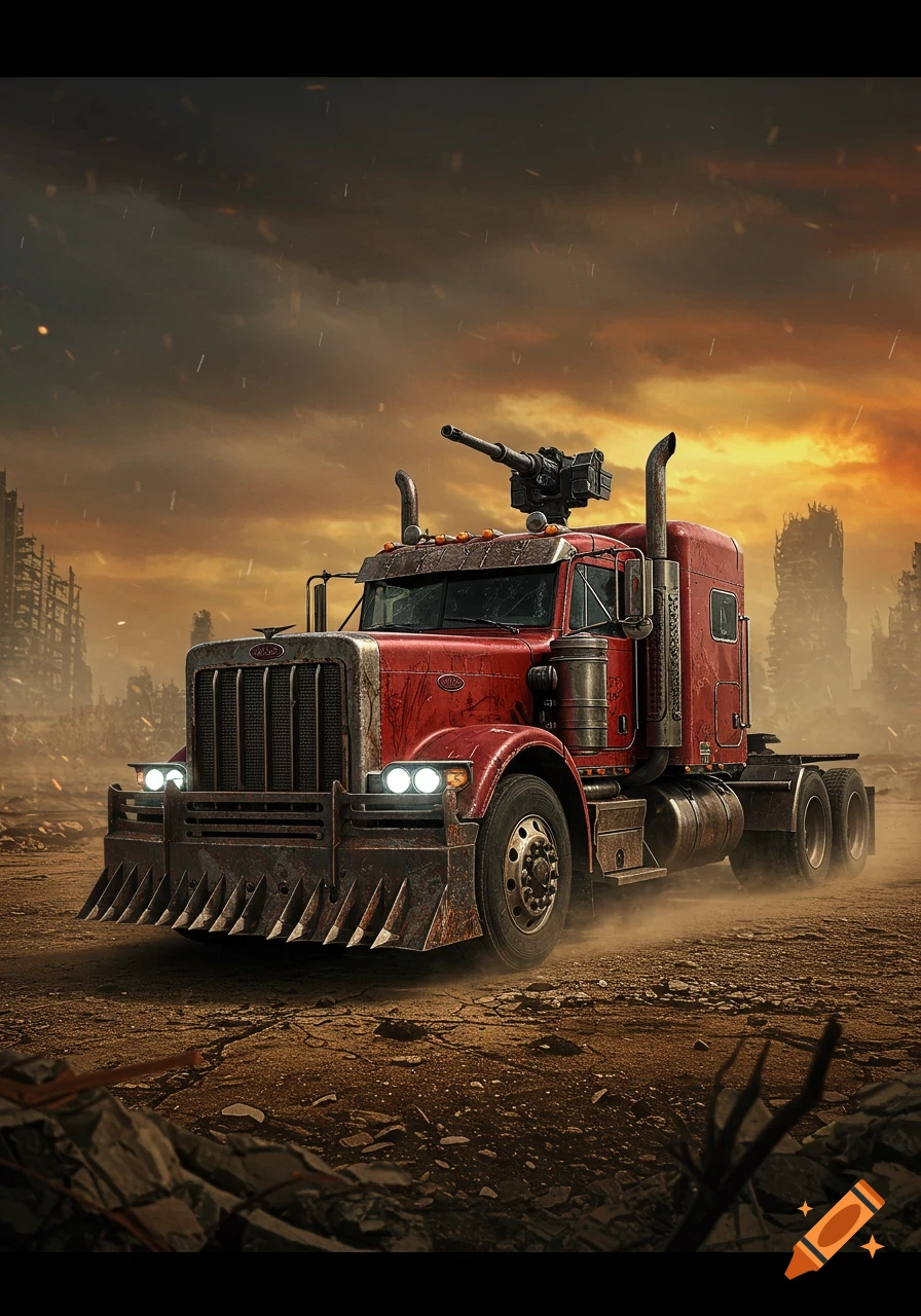 A rugged, red Peterbilt truck with a spiked bumper and mounted gun drives through a post-apocalyptic wasteland under an orange, stormy sky.