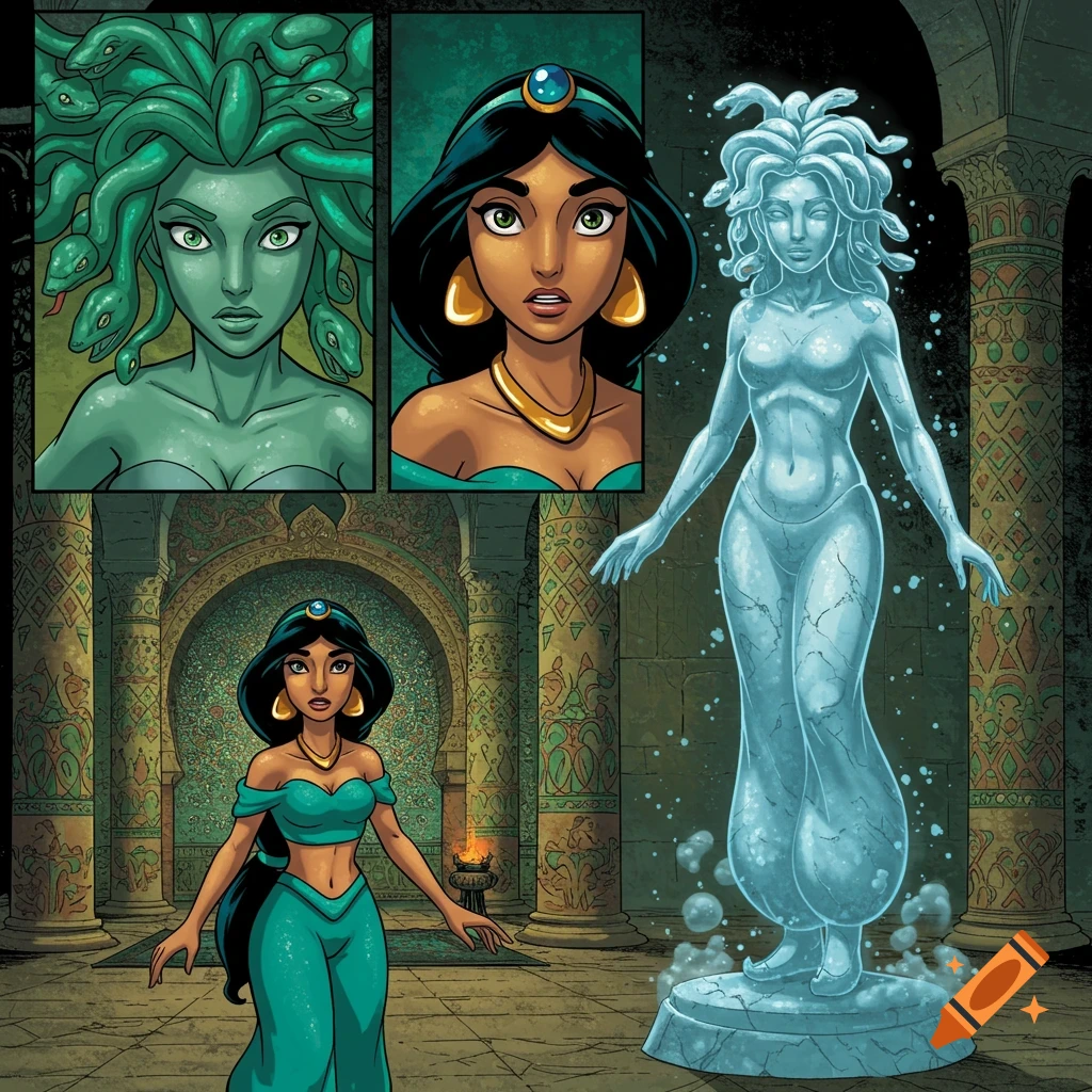A comic book panel showing Medusa's face, Princess Jasmine's face, a full shot of Jasmine in an ancient hall, and a translucent, cracked statue of Jasmine in the same hall.