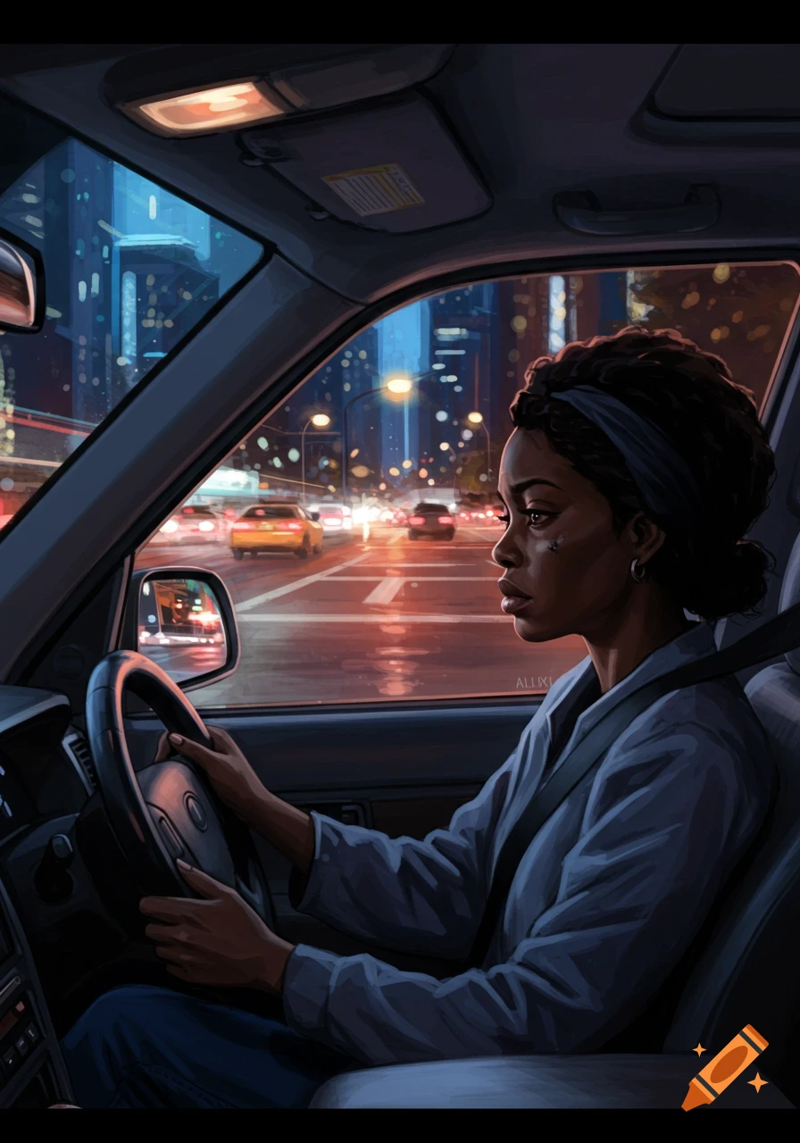 A Black woman drives a car through a vibrant city at night, rendered in a digital painting style.