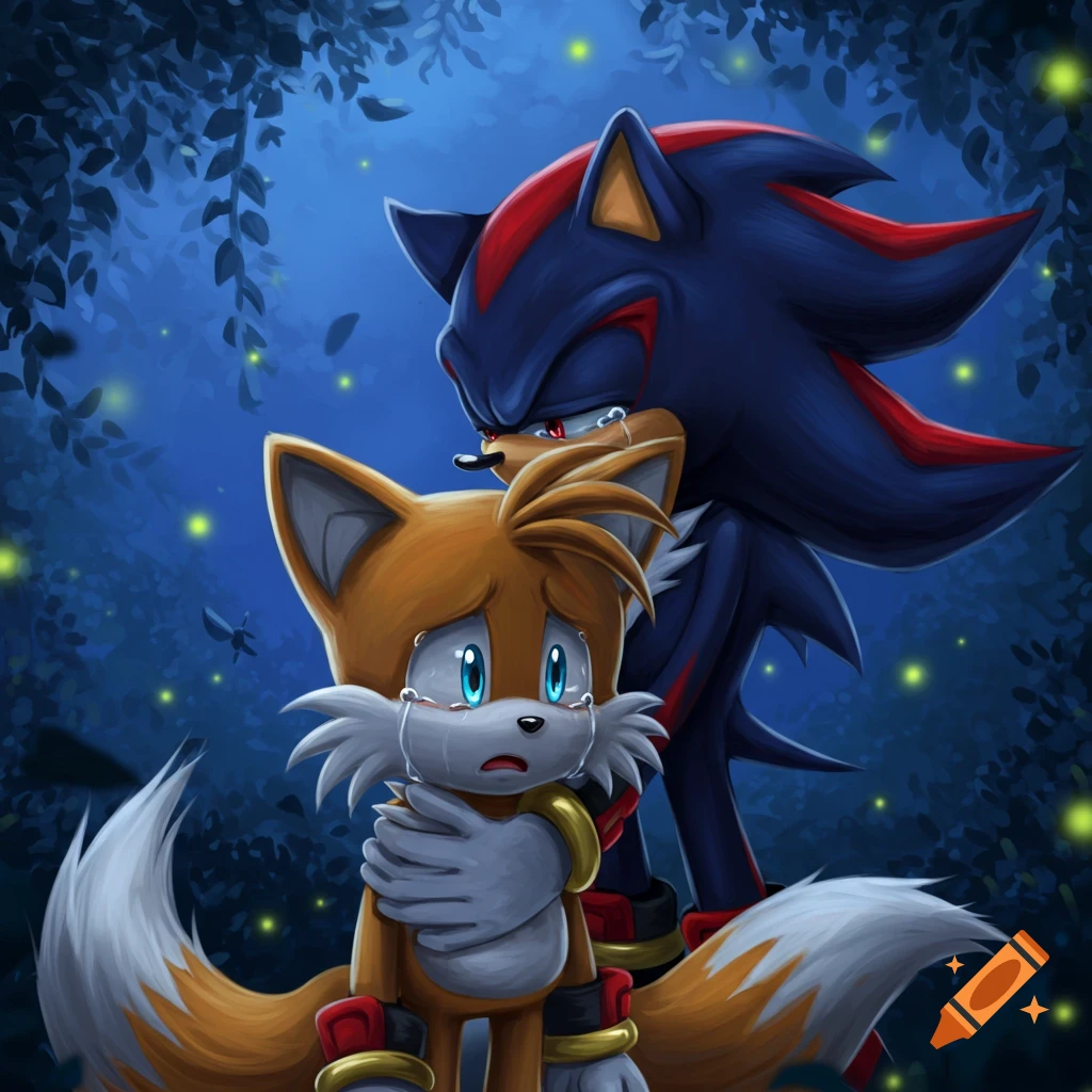 Illustrated cartoon of Shadow the Hedgehog comforting a crying Tails in a dark, glowing forest at night.