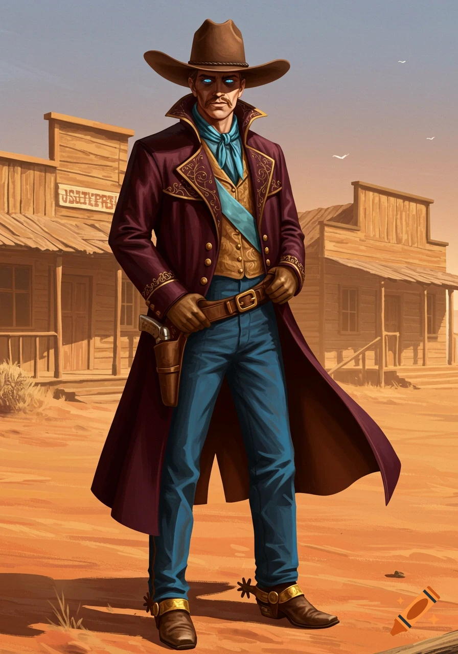 A stern-looking man in ornate Western attire, with a cowboy hat and glowing blue eyes, stands in a desert town.