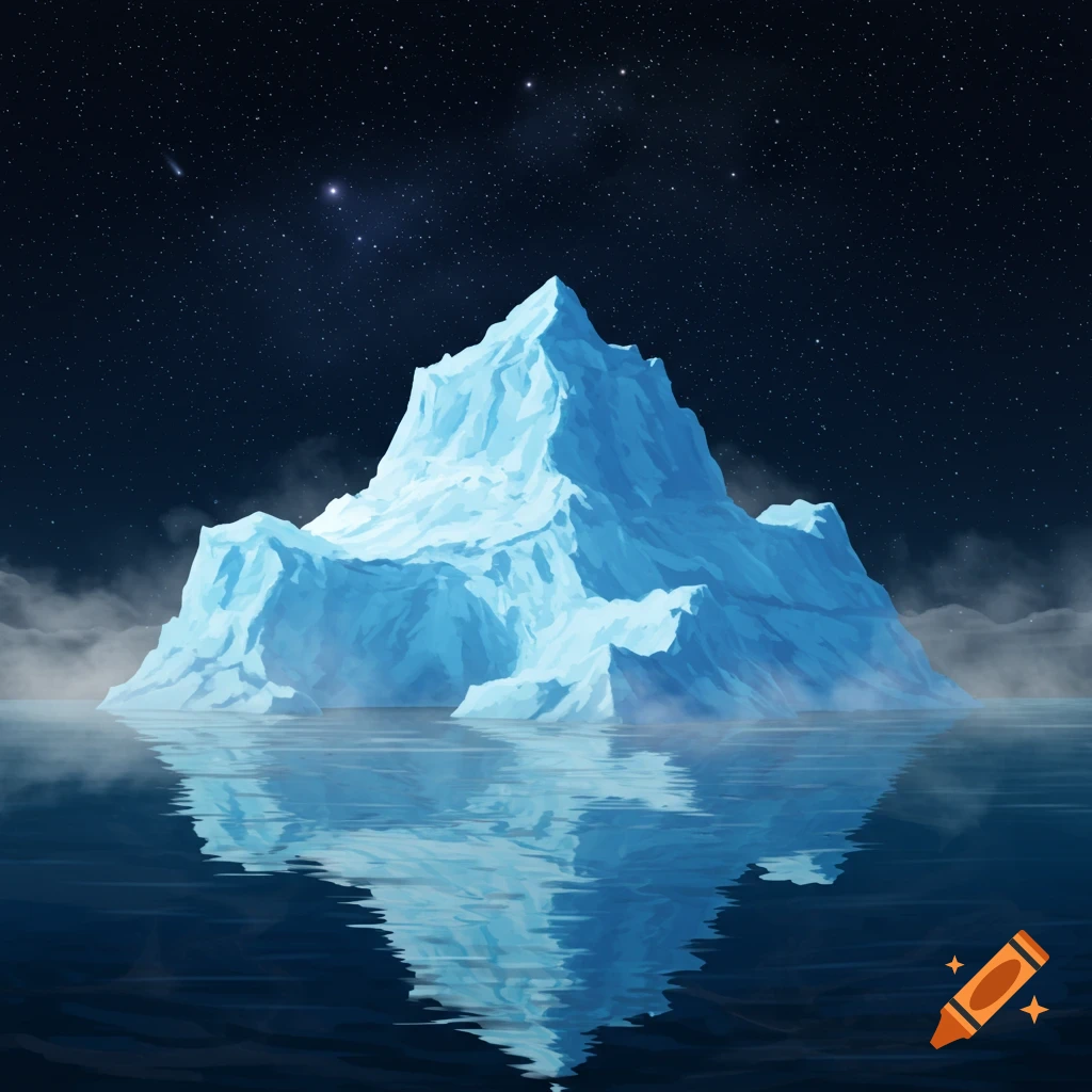 A brightly lit light blue iceberg floats in dark blue water under a starry night sky, with a comet visible.