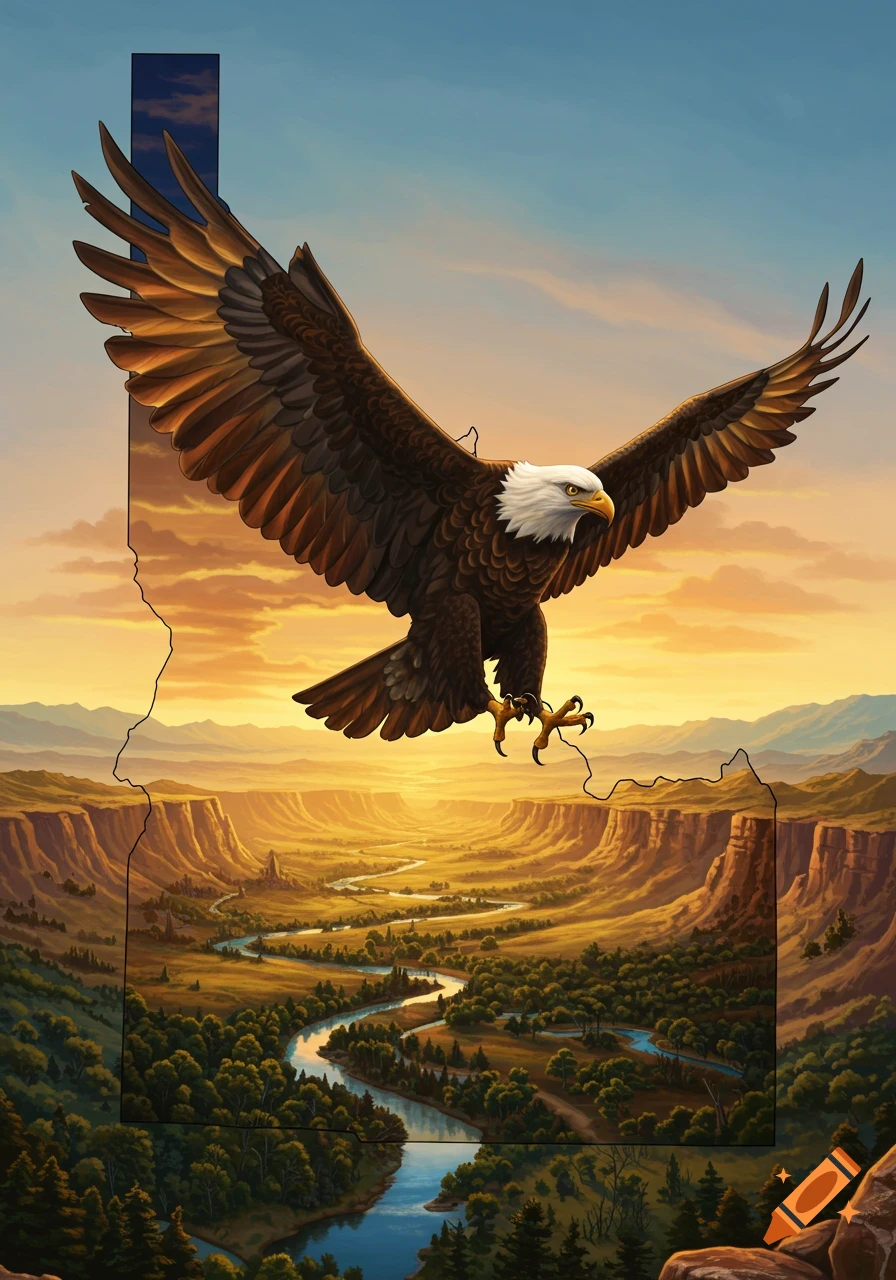 Bald eagle soaring above a sunset canyon landscape with a winding river, all within the outline of the state of Idaho.