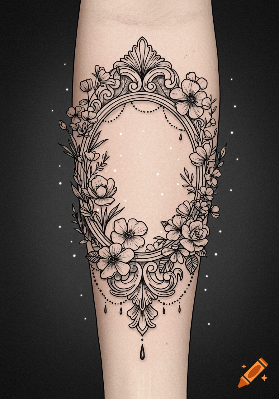 Black and grey forearm tattoo of a vintage floral frame with roses, wildflowers, and vines in a storybook-gothic style.