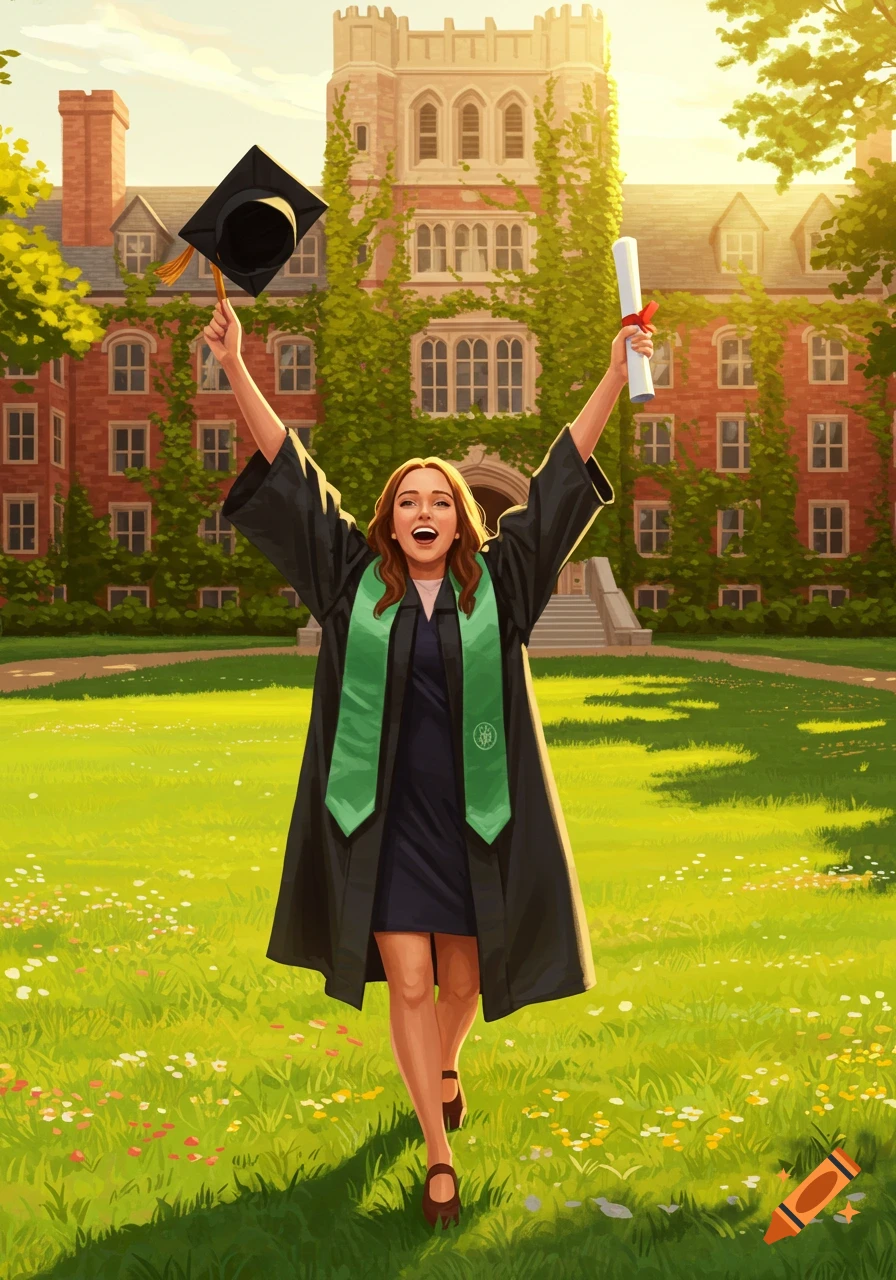 A joyful female graduate in a cap and gown holds a diploma and throws her cap in the air in front of a university building, in a colorful illustration style.