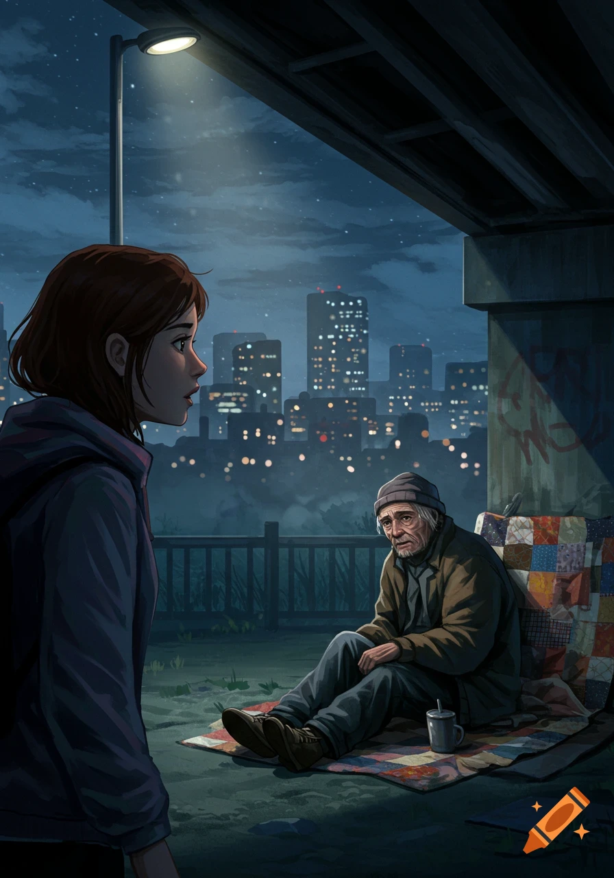 A young woman looks at an elderly homeless man sitting under a bridge at night, a city skyline in the background, in an illustrative style.