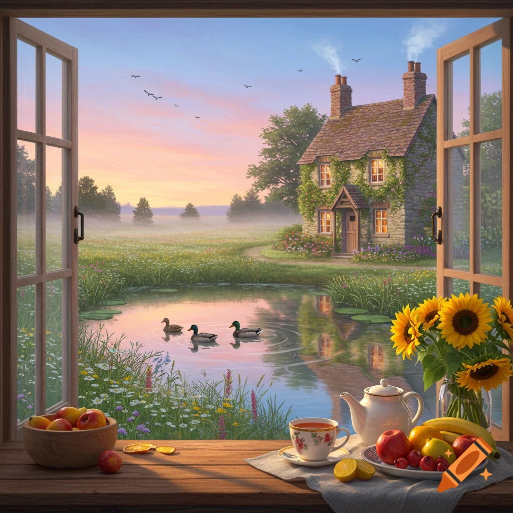 Serene morning view from an open window of a cottage, pond with ducks, and a breakfast spread on a wooden sill.
