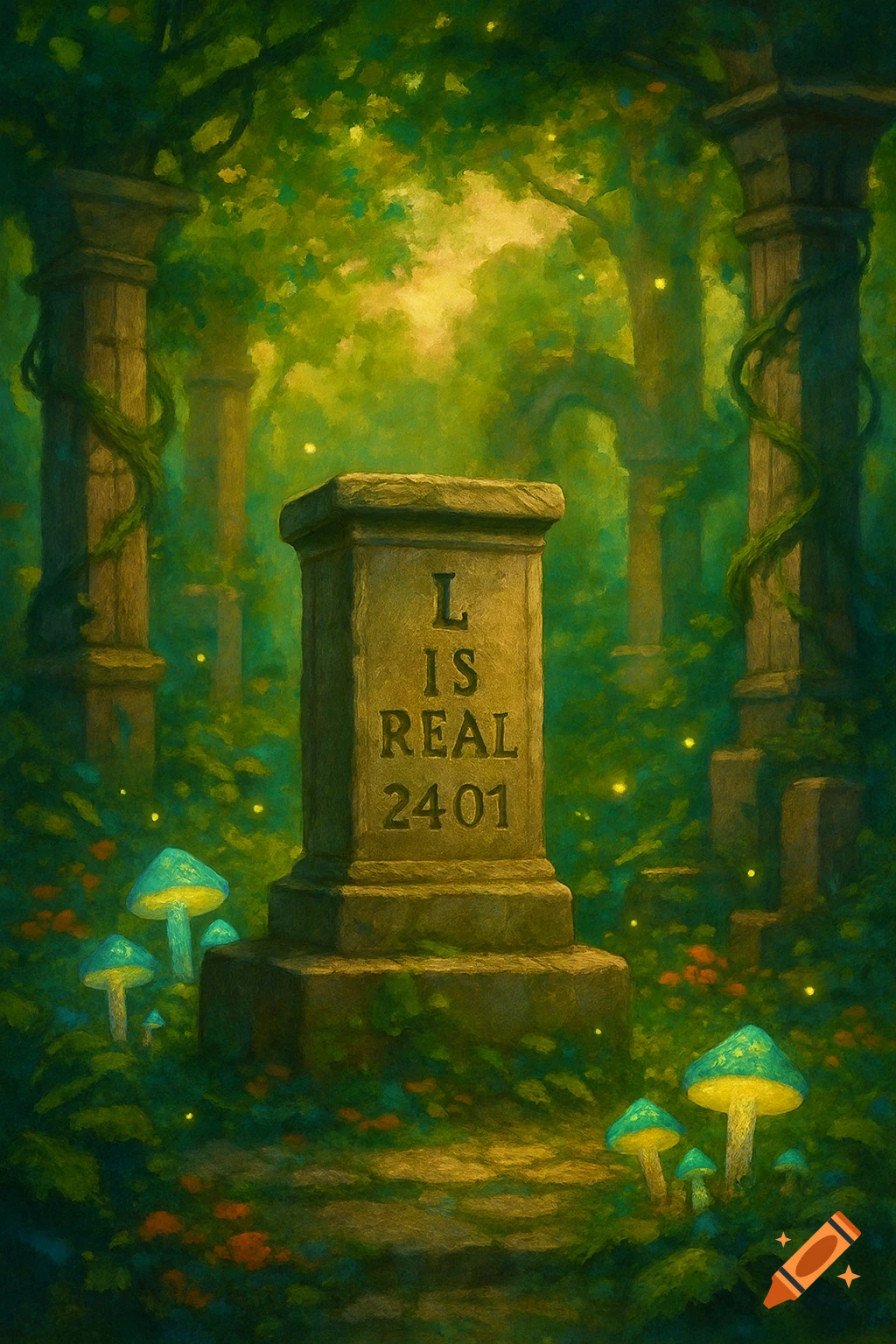 A painterly image of a stone monument with 'L IS REAL 2401' in a mystical green forest with glowing mushrooms and ancient ruins.