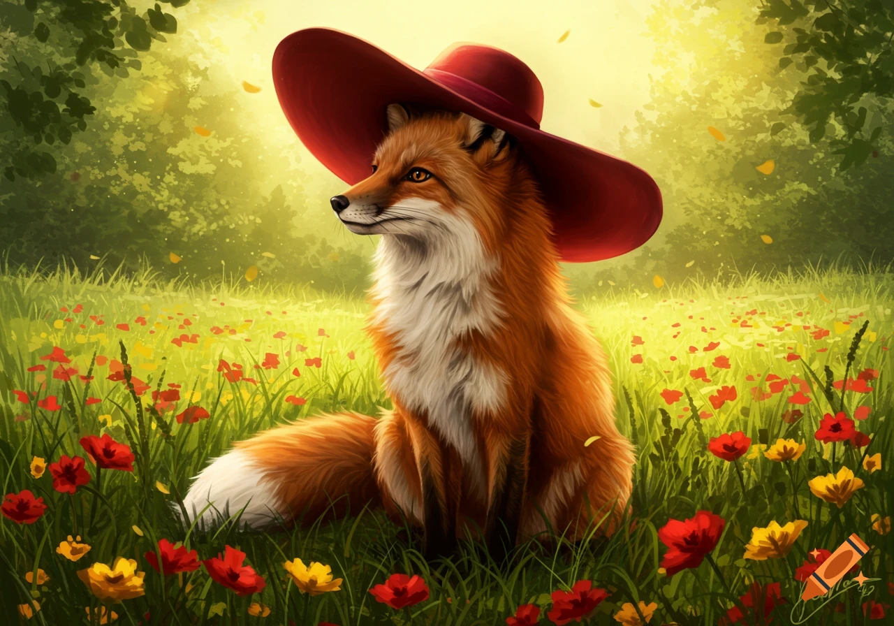 A fox in a red hat sits in a field of red and yellow flowers with a sunny forest background, in a painterly style.