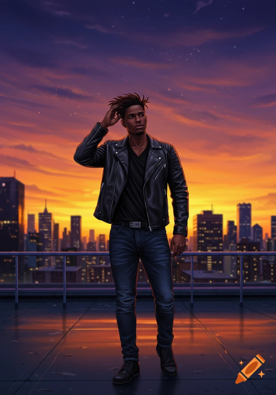 A stylish man with dreadlocks in a leather jacket stands on a city rooftop at sunset, looking up at the vibrant sky. Digital art.
