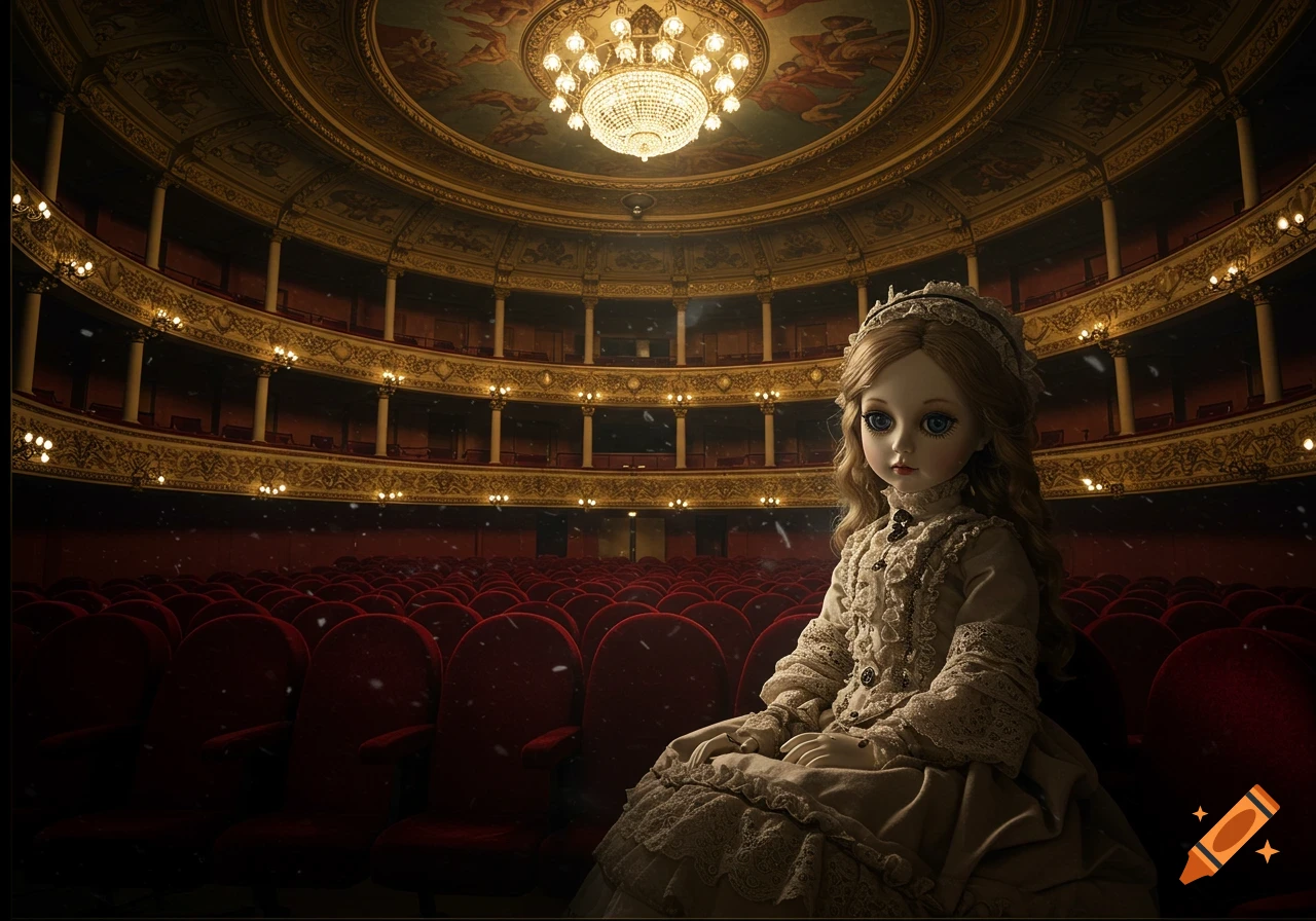 A photorealistic doll with large blue eyes sitting in an empty, ornate grand theater with red velvet seats and a chandelier.