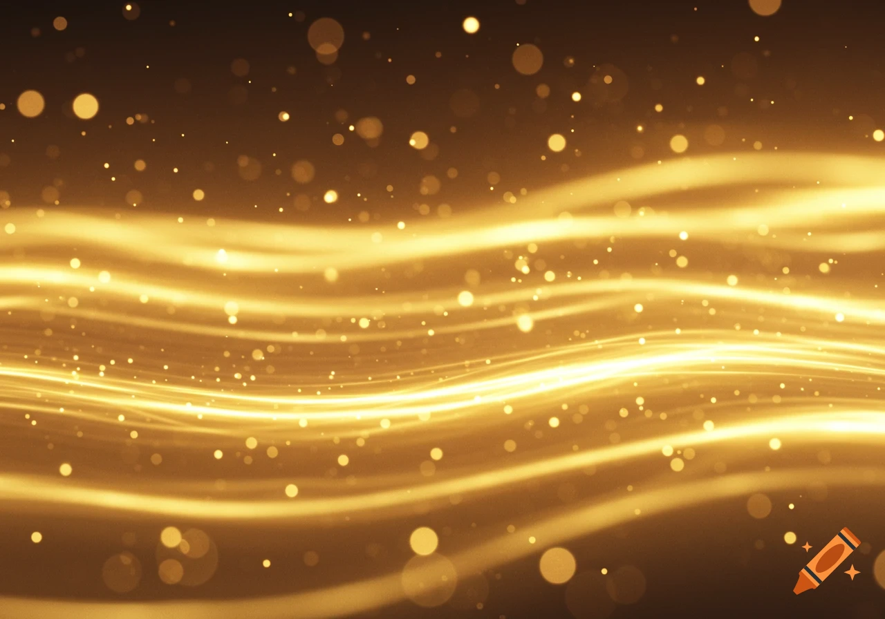 Abstract golden light trails and shimmering particles against a dark background.