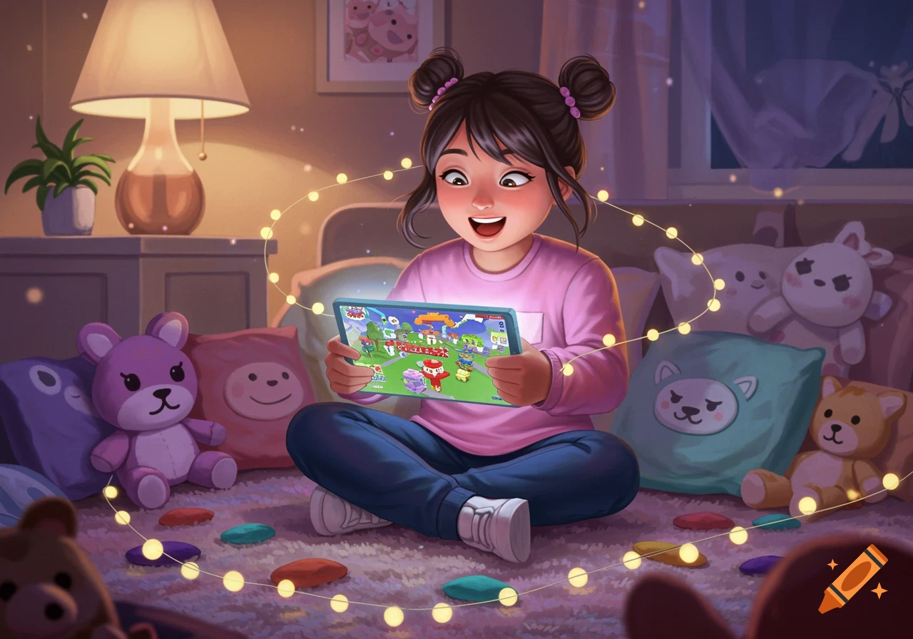 A cartoon girl with pigtails joyfully plays a game on a tablet in a cozy, softly lit bedroom, surrounded by plush toys.