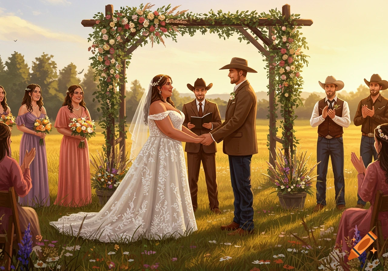A wedding ceremony in a field at sunset, with a bride in a white dress and a groom in a cowboy hat and brown suit, holding hands under a floral arch.