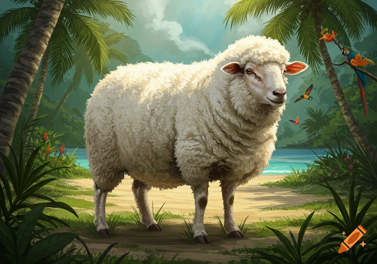 A white sheep stands on a sandy tropical path with palm trees, lush greenery, and the ocean in the background, with parrots in a tree.
