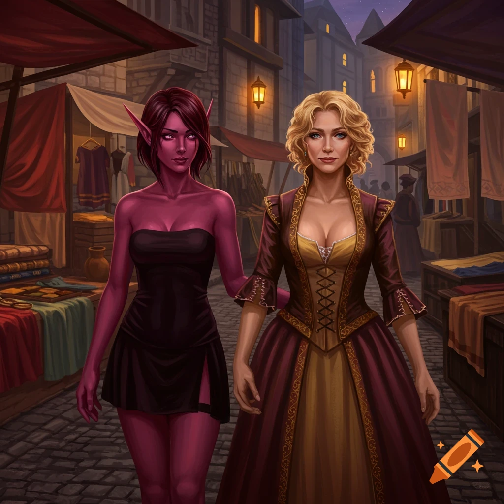A red-pink skinned elf in a black mini-dress and a blonde woman in a noble's gown walk through a medieval market at dusk.