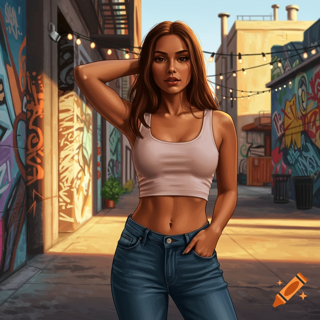 A woman in a white crop top and blue jeans stands confidently in a graffiti-covered urban alley with string lights.