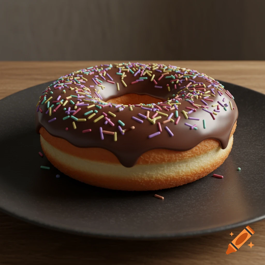 A single chocolate-frosted donut with colorful sprinkles sits on a dark plate on a wooden table.