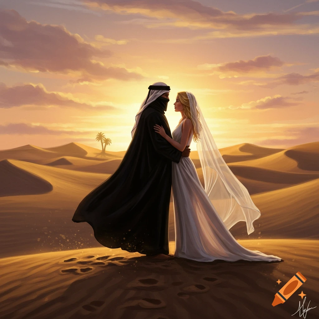 A romantic illustration of a man in black robes and a woman in a white wedding dress embracing in a golden desert at sunset.