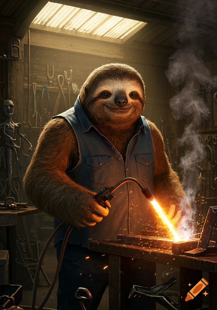 A smiling, furry sloth in a denim vest welds metal in a dim, cluttered workshop, sparks flying.