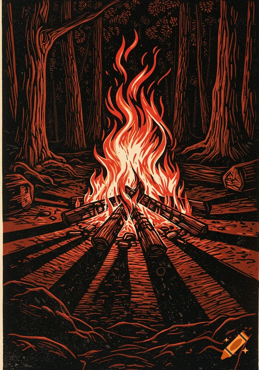 German Expressionist woodblock print of a vibrant campfire in a dark forest.